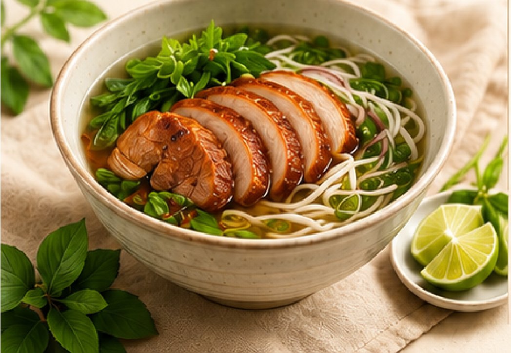 Pho mit gegrillter Entenbrust und frischen Kräutern